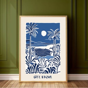 décoration murale été, cadeau pour voyageur, décoration murale, illustration Côte d'Azur, décoration murale blanc et bleu, tableau  salon