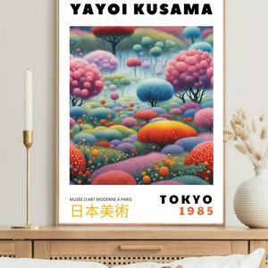 Arte mural imprimible de Yayoi Kusama, ilustración de acuarela abstracta, dibujo surrealista, impresión colorida de descarga instantánea, decoración de póster de exposición