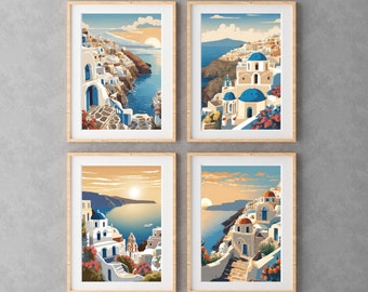 Cztery ilustracje Santorini, grecka galeria ścienna, pamiątka podróży, travel poster, prezent dla miłośnika Grecji, obrazki Santorini,