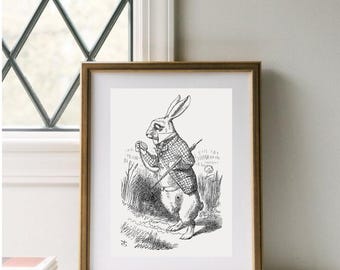 Arte mural de Alicia en el país de las maravillas, dibujo de una liebre con traje, impresión artística de conejo, boceto de conejito vintage, decoración de Pascua, adorno para habitación de bebé