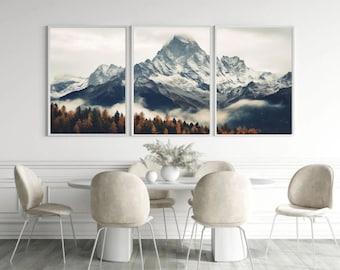 May include: A three-panel print set featuring a snowy mountain range with a forest in the foreground. The mountains are white and blue, and the forest is a mix of green and brown.
