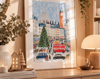 Winter London Illustration, Christmas Home Decor,  City Poster