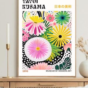Affiche Yayoi Kusama, dessin de fleurs au pastel, art mural moderne, peinture japonaise, décoration murale fleurs colorées, tableau Kusama