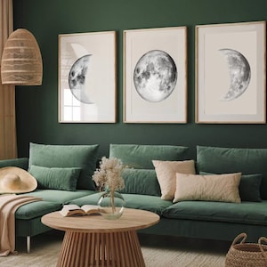 Juego de 3 impresiones de arte de pared con la luna, fases de la luna, galería de pared, juego de 3 impresiones, decoración de dormitorio, arte de pared gris, regalo para el hogar, galería de fotos de la luna