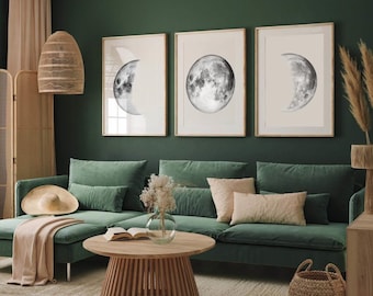 Moon wall art set 3, moon phases, wall gallery, set of 3 prints, bedroom decoration, gray wall art, gift for home, moon photo gallery