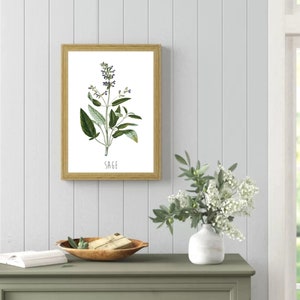 May include: A framed botanical illustration of sage with green leaves and purple flowers. The print has the word "SAGE" written in black at the bottom.