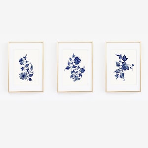 3 Affiches botanique, décoration murale, photos de fleurs bleues, galerie murale fleurs, illustrations vintage, affiches chinoiserie,