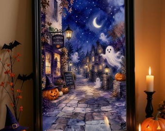 Cheerful Little Ghosts Wall Art, Halloween night illustration, Autumn City Street Art Print,