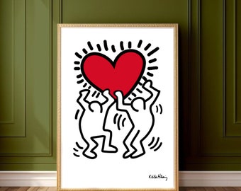 affiche coeur, oeuvre de Keith Haring, illustration d'amour, tableau coeur, décoration murale chambre, dessin de personnes tenant coeur