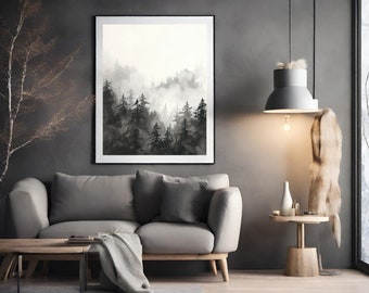 black and white forest wall art, black trees landscape, living room decoration, watercolor print, gray forest painting, woodland drawing