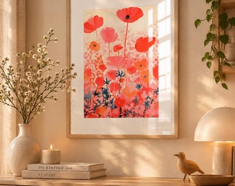 Watercolor Painting of a Poppy Meadow,  Red Wildflowers Wall Art Print