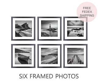 6 framed photos 12x12'', 30x30 cm framed photographs, square black and white pictures, wall gallery, six gray pictures, living room decor