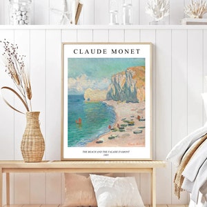 Pintura de Monet, póster de Monet, dibujo de Claude Monet, arte mural francés, impresión de arte azul de Monet, paisaje de playa de Monet, impresión costera, playa