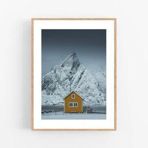 Stampa artistica da parete Norvegia, foto Lofoten, paesaggio invernale, arredamento per la casa, ornamento per la stanza, poster di montagna innevata, regalo per inaugurazione della casa, immagine nordica