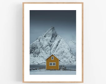 Norway wall art print,  Lofoten photo, winter landscape, home decor, room ornament, snowy mountain poster, gift housewarming, nordic picture