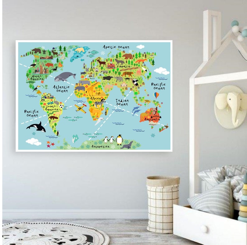 World map print Nursery world map Nursery wall art World Etsy