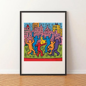 Tanzzeichnung, tanzende Menschen illustration, buntes Bild, Wandkunst, inspiration Keith Haring Poster, Wanddekoration, Comic  Kunstdruck