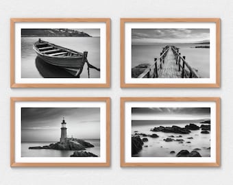 Conjunto de 4 impresiones de arte mural, conjunto de fotografías en blanco y negro, impresiones costeras, galería de pared monocromática, paisaje marino, póster horizontal costero