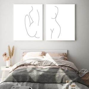Set of two art prints, Drawing of a woman&#39;s body, act woman sketch,  bedroom wall gallery, home decor, room ornament, line art woman