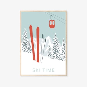Poster di sci, arte murale invernale, stampa artistica di sci, decorazioni natalizie, ornamenti da baita, regalo per amanti dello sci, regalo personalizzato, disegno di montagne innevate