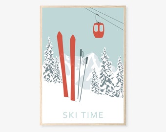 ski poster, wall art winter, skiing art print, Christmas decor, cabin ornament, gift ski lover, personalized gift, snowy mountains drawing