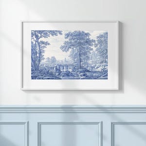 Sztuka Toile de Jouy, niebieski wystrój domu, duża dekoracja ścienna, rysunek wiejskiego krajobrazu, ozdoba pokoju, stare francuskie malarstwo, zabytkowy wydruk artystyczny