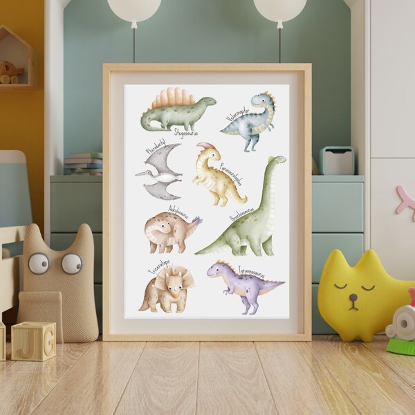 Affiche Pour Une Chambre D’Enfant, image colorée dinosaures, illustration de dinosaures, cadeau chambre bebe, art mural chambre garcon,