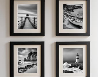 Ensemble de 4 affiches, affiches chambre, photographie noir et blanc, art mural, galerie murale, paysage de bord de mer, décoration murale
