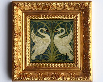 Arte de pared con dos cisnes, impresión de cisne, dibujo antiguo, cuadro victoriano, decoración del hogar, pintura antigua, tapiz cuadrado, adorno de habitación, art déco