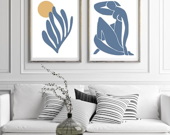 Zestaw dwóch plakatów, obrazy Henri Matisse, niebieska galeria ścienna, plakaty abstrakcyjne, dekoracja salonu, sypialni, prezent do domu