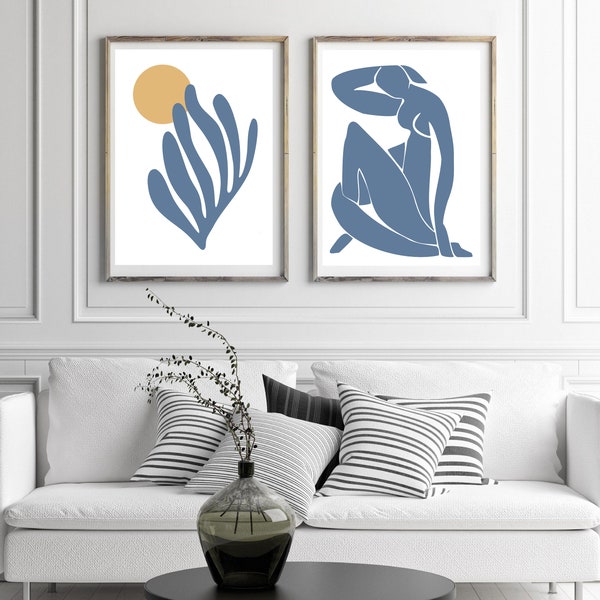 Zwei Abstrakte Poster, SET von 2 Kunstdrucke,  Henri Matisse kunst, Wandkunst, blaue abstrakte Drucke, abstrakte drucke, Wohnzimmer Bilder