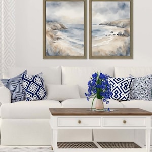 Ornamento in stile costiero, set di 2 stampe artistiche da parete, paesaggio costiero, illustrazione ad acquerello, dipinto marino, arredamento per la casa, disegno blu-grigio, regalo