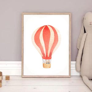 animals in a balloon illustration, poster nursery, red wall decor, baby room ornament, gift child, drawing hot air balloon, wall art print