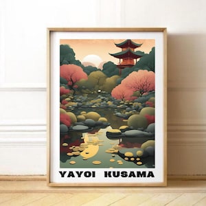草間彌生のポスター、日本庭園のイラスト、桜の絵画、桜の壁アートの装飾、カラフルな花のプリント、旅行ポスター