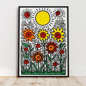 dessin de printemps, image couleur, art mural de fleurs, Keith Haring illustration, affiche Printemps, chambre decoration, tableau bebe