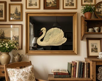 Lámina artística vintage de cisne, ilustración antigua de cisne, decoración del hogar