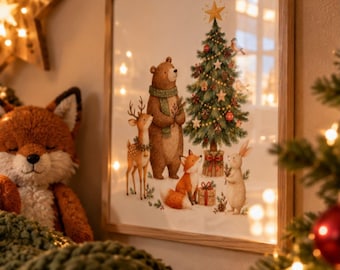 Christmas In The Forest  Illustration,  Nursery Room Decor, Winter Wall Art Print
