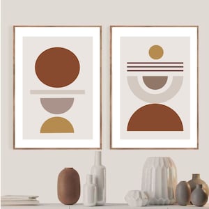 Conjunto de carteles abstractos, impresiones de arte de pared de 2 piezas, arte contemporáneo, abstracto moderno, arte de pared bohemio, póster marrón geométrico, dibujos de mediados de siglo