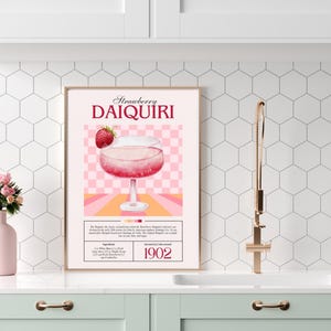 Póster de bebida, receta de cóctel daiquiri, adorno de cocina, impresión de arte de pared, decoración rosa, regalo para amantes de los cócteles, dibujo rosa, regalo de inauguración de la casa