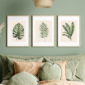 3 botanische kunstafdrukken, groene bladeren tekenen, aquarel, tropische huisdecoratie, kamerornament, boho-muurdecoratie, plantenposter