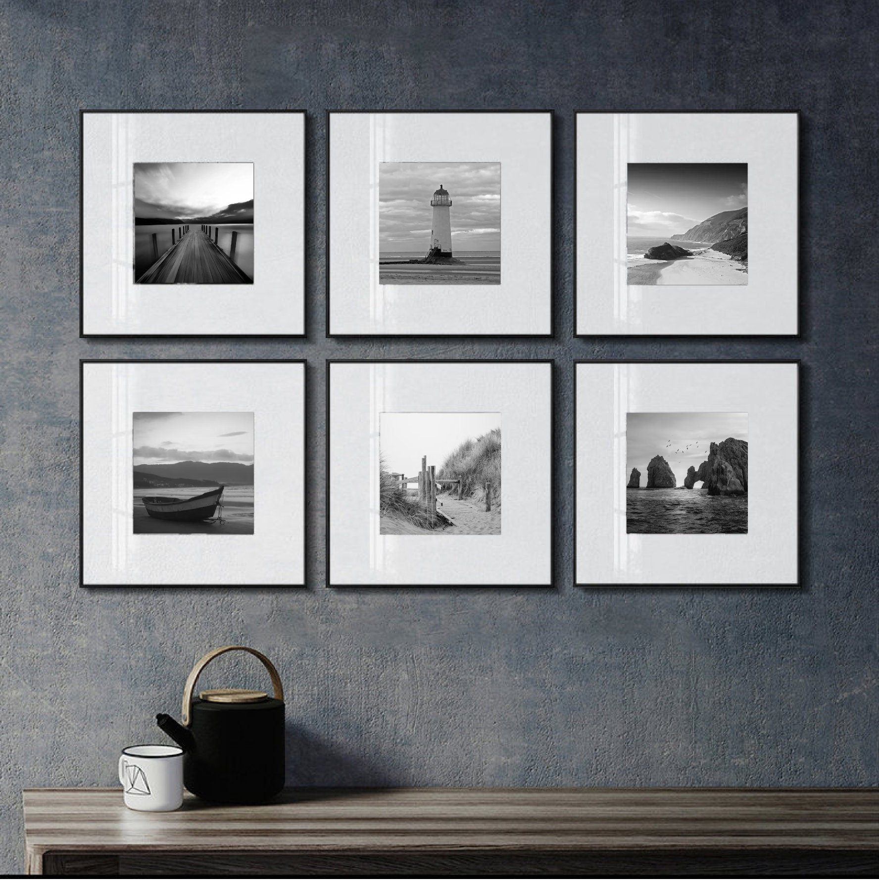 壁アート 6 点セット、白黒写真セット、海岸風プリント、ホーム 