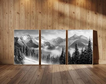 Set di stampe fotografiche in bianco e nero di montagne, decorazioni murali delle Alpi