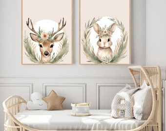 Hirschbild, Hasenbild, 2 Poster Kinderzimmer, Boho-Wanddekoration, Kinderzimmer bilder, Geschenk Mädchen, Waldtierillustrationen, Wanddeko