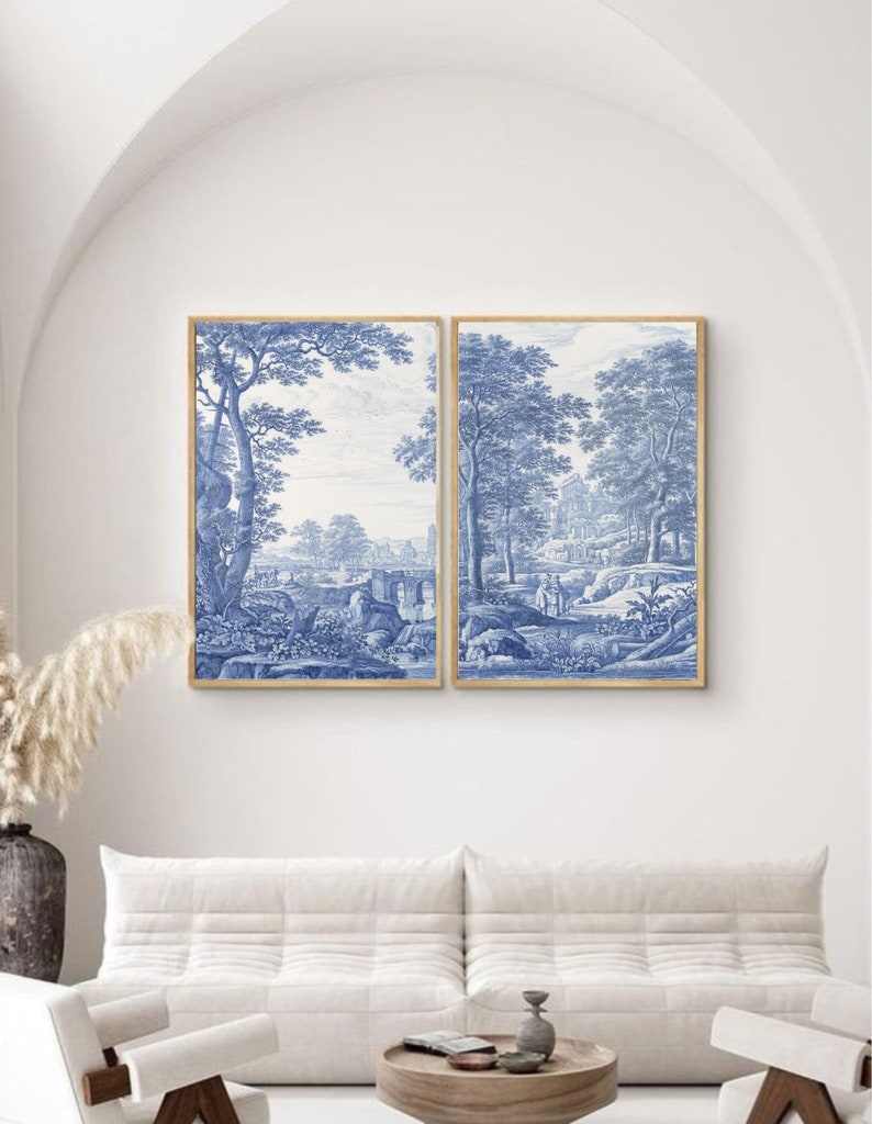 2 Toile De Jouy Wall Art Set, Blue White Wall Decor, Toile Art Prints ...
