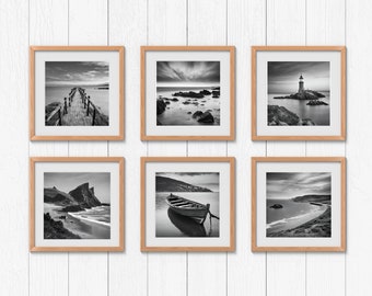 Juego de 6 cuadros de arte de pared, conjunto de fotos en blanco y negro, impresiones de estilo costero, galería del hogar, decoración de pared gris, foto de paisaje marino, foto sin marco
