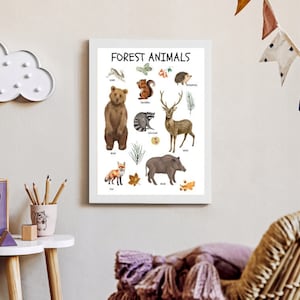 Woodland Animals Poster, Educational Poster, Montessori Poster, Forest animals,  Playroom Wall Art print, Woodland Nursery wall decor