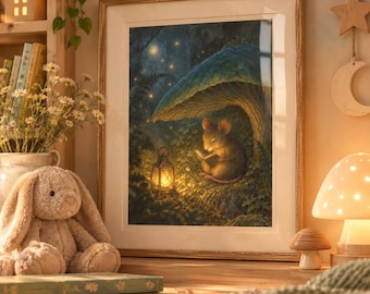 Illustration of  Mouse Reading a Book, Woodland-themed Nursery Decor, Whimsical Wall Art art
