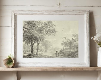 old painting, faded wall art print, vintage wall decoration, gray landscape with a tree, country living room decoration, home decor hall
