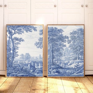 Juego de 2 cuadros de Toile de Jouy, decoración de pared en blanco y azul, impresiones de arte de Toile, galería de pared, decoración del hogar, adorno campestre, dos pinturas antiguas.