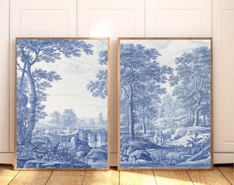 Toile de Jouy Art Prints, Blue White Delft Pottery Style, Set of 2